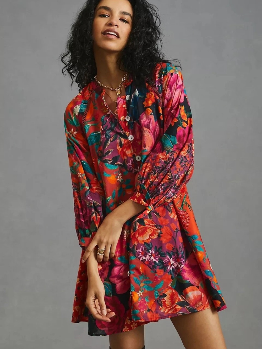 FARM Rio Red Multicolor Floral Button-Front Tunic Robe - Picture 4 of 11